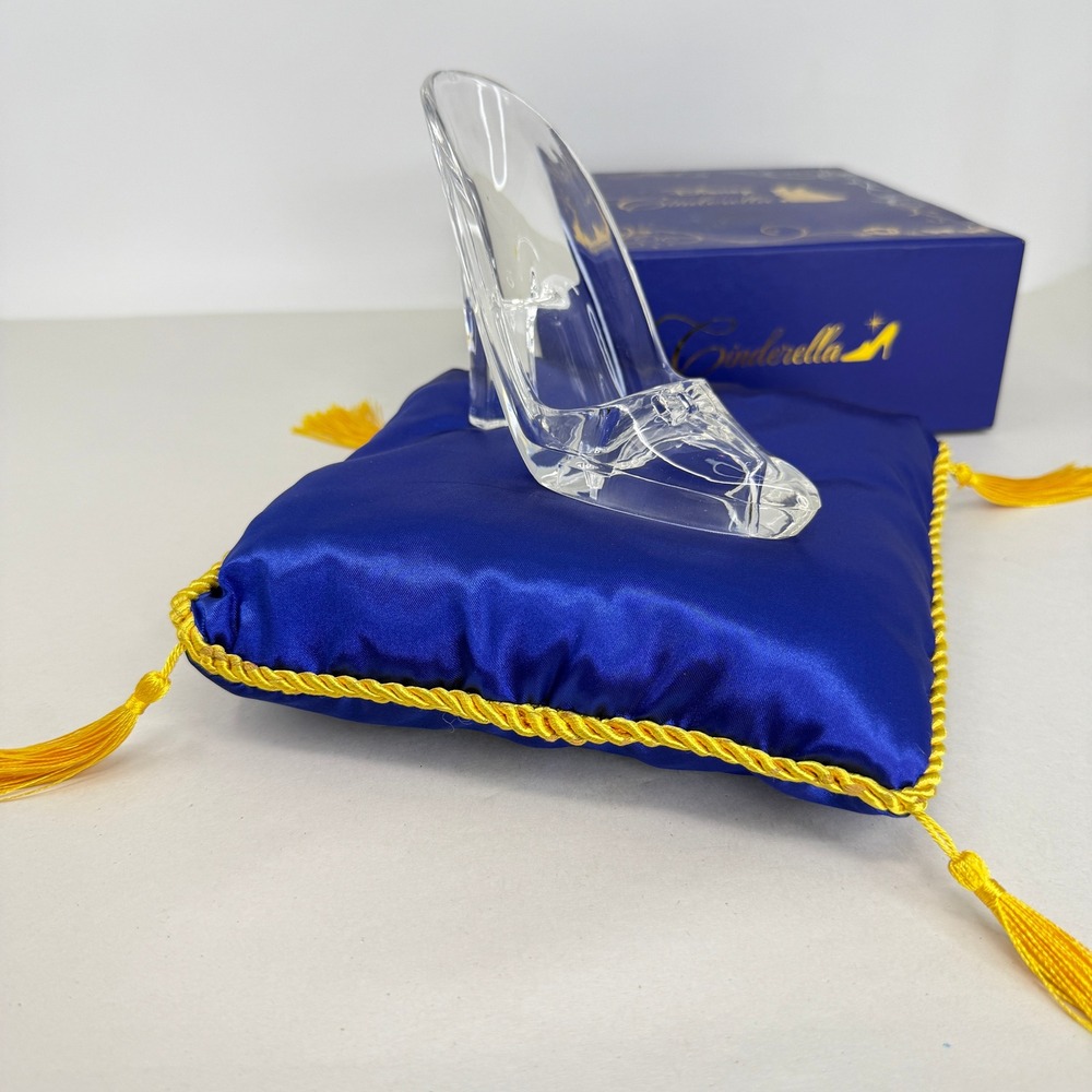 Disney Cinderella Glass (Acrylic) Slipper Figurine Blue Satin Pillow and Box